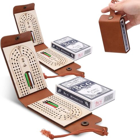 Foldable Travel Cribbage Board Game Set, Leather Cribbage Board Set - 6 Pegs, 1 Playing Card and Instruction, Portable Travel Cribbage Board with Storage Area for Cribbage Lovers (1pcs) in Kuwait