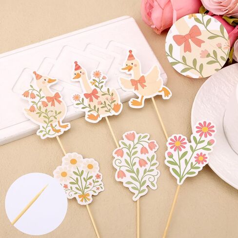 36pcs Silly Goose Cupcake Toppers, One Funny Flower Goose Cupcake Picks Baby Shower Cake Decorations Party Decor Supplies for Boys Girls Flower Animal Theme Birthday Favors in Saudi Arabia