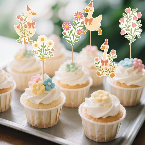 36pcs Silly Goose Cupcake Toppers, One Funny Flower Goose Cupcake Picks Baby Shower Cake Decorations Party Decor Supplies for Boys Girls Flower Animal Theme Birthday Favors in Saudi Arabia
