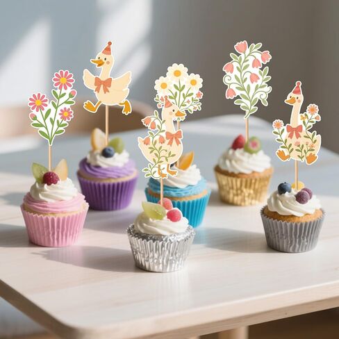 36pcs Silly Goose Cupcake Toppers, One Funny Flower Goose Cupcake Picks Baby Shower Cake Decorations Party Decor Supplies for Boys Girls Flower Animal Theme Birthday Favors in Saudi Arabia