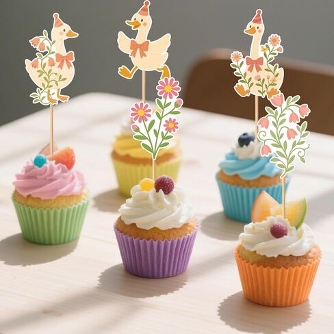 36pcs Silly Goose Cupcake Toppers, One Funny Flower Goose Cupcake Picks Baby Shower Cake Decorations Party Decor Supplies for Boys Girls Flower Animal Theme Birthday Favors in Saudi Arabia