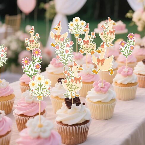 36pcs Silly Goose Cupcake Toppers, One Funny Flower Goose Cupcake Picks Baby Shower Cake Decorations Party Decor Supplies for Boys Girls Flower Animal Theme Birthday Favors in Saudi Arabia