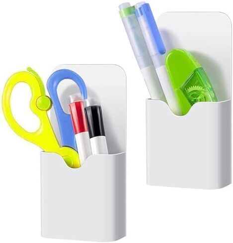 White Plastic, Magnetic Pen Holder, Erase Marker Storage Box, Pencil Cup, Desk Supplies Holders for Home, Office, Classroom, Whiteboard, Fridge, Locker Organizer in Saudi Arabia