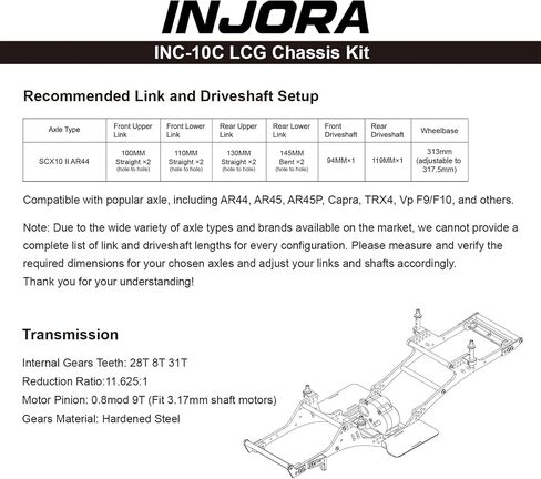 INJORA LCG Carbon Fiber Chassis Kit with Center Transmission for 1/10 RC Crawlers Upgrade(INC-10C) in Saudi Arabia