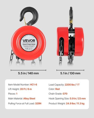 VEVOR Manual Chain Hoist | 1 Ton/2000 lbs Capacity | 10’ Lift | 2 Hooks | Manual Hand Lift Steel Chain Block Hoist (Black) in Saudi Arabia