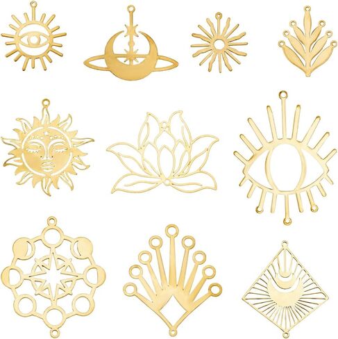 SUNNYCLUE 1 Box 20Pcs 10 Styles Brass Charm Connectors Link Charms Bulk Metal Golden Hollow Sun Moon Eyes Lotus 2 Holes Connector Links Charm for Jewelry Making Charms Earring DIY Crafts Accessories in Saudi Arabia