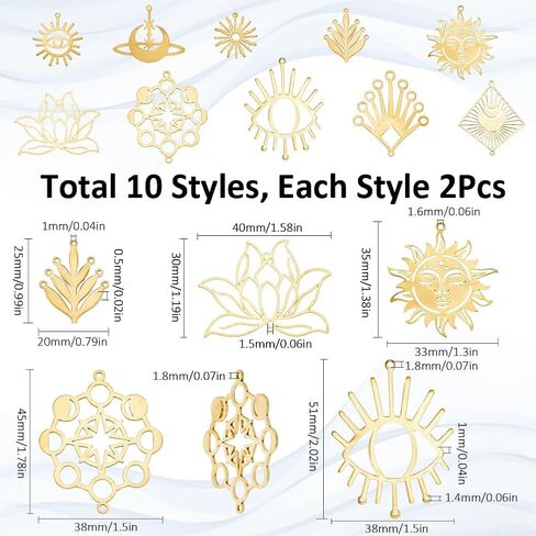 SUNNYCLUE 1 Box 20Pcs 10 Styles Brass Charm Connectors Link Charms Bulk Metal Golden Hollow Sun Moon Eyes Lotus 2 Holes Connector Links Charm for Jewelry Making Charms Earring DIY Crafts Accessories in Saudi Arabia