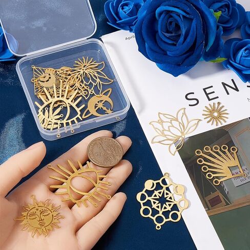 SUNNYCLUE 1 Box 20Pcs 10 Styles Brass Charm Connectors Link Charms Bulk Metal Golden Hollow Sun Moon Eyes Lotus 2 Holes Connector Links Charm for Jewelry Making Charms Earring DIY Crafts Accessories in Saudi Arabia