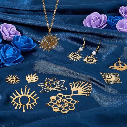 SUNNYCLUE 1 Box 20Pcs 10 Styles Brass Charm Connectors Link Charms Bulk Metal Golden Hollow Sun Moon Eyes Lotus 2 Holes Connector Links Charm for Jewelry Making Charms Earring DIY Crafts Accessories in Saudi Arabia
