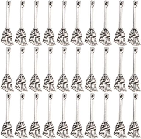 Sunnyclue 1 Box 70pcs Broom Charm Bulk Witch Broom Charms Antique Tibetan Silver Small Halloween Propstick Broomstick Tools Pertants for Jewelry Making Supplies Crafts Diy Necklace Oprings Women in Saudi Arabia