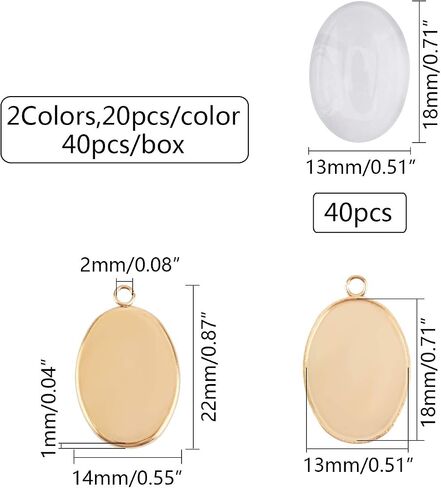 UniCraftale 40 مجموعات 2 ألوان 13x18mm صينية بيضاوية الصينية صنع معلقات الفولاذ المقاوم للصدأ وكابوشون زجاجية صافية لصناعة المجوهرات ، اللون الذهبي ، الفولاذ المقاوم للصدأ in Saudi Arabia