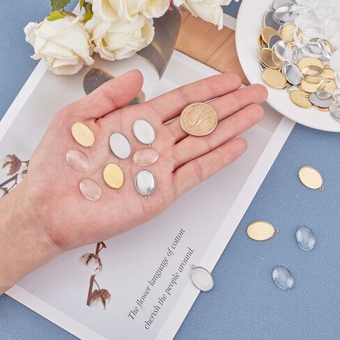 UniCraftale 40 مجموعات 2 ألوان 13x18mm صينية بيضاوية الصينية صنع معلقات الفولاذ المقاوم للصدأ وكابوشون زجاجية صافية لصناعة المجوهرات ، اللون الذهبي ، الفولاذ المقاوم للصدأ in Saudi Arabia
