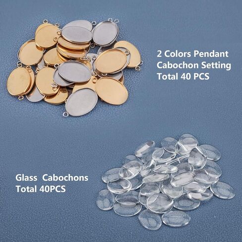 UniCraftale 40 مجموعات 2 ألوان 13x18mm صينية بيضاوية الصينية صنع معلقات الفولاذ المقاوم للصدأ وكابوشون زجاجية صافية لصناعة المجوهرات ، اللون الذهبي ، الفولاذ المقاوم للصدأ in Saudi Arabia