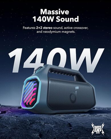مكبر صوت Soundcore Boom 2 Plus خارجي، 140 واط، 2 + 2 قناة، BassUp 2.0، 20 ساعة، شحن سريع، IPX7 مقاوم للماء، أضواء RGB، USB-C، بنك الطاقة، BT 5.3، مكبر صوت بلوتوث محمول، التخييم، الشاطئ، الفناء الخلفي in Saudi Arabia