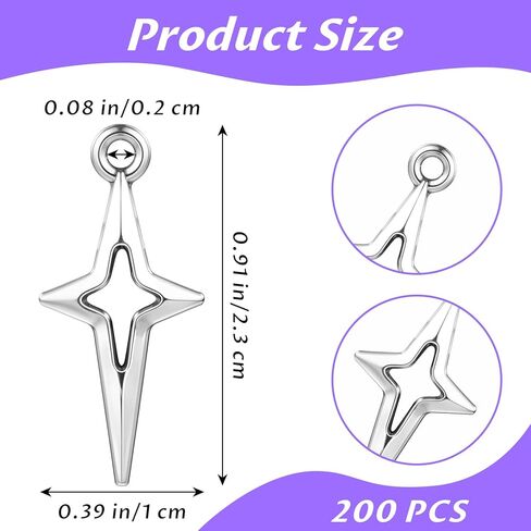 سحر Silver Star ، سحر نجوم مجوف بأربعة نقاط ، سحر قلادة من سيلوي سيلف سيلوي سيلوي ، مجوهرات مصغرة ملحقات متصلة لأقراط سوار DIY الحرفية. in Kuwait