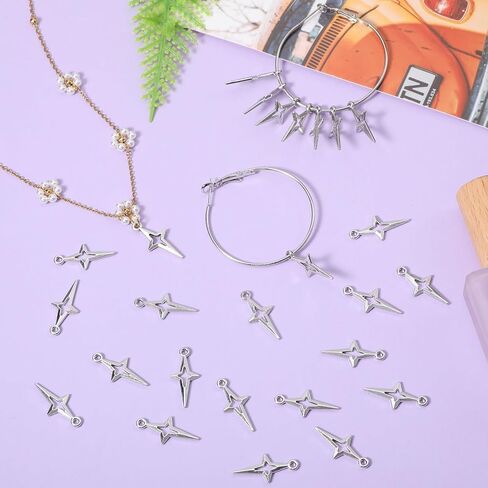 سحر Silver Star ، سحر نجوم مجوف بأربعة نقاط ، سحر قلادة من سيلوي سيلف سيلوي سيلوي ، مجوهرات مصغرة ملحقات متصلة لأقراط سوار DIY الحرفية. in Kuwait