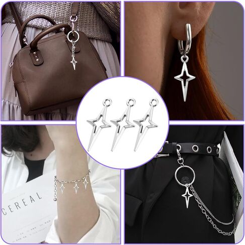 سحر Silver Star ، سحر نجوم مجوف بأربعة نقاط ، سحر قلادة من سيلوي سيلف سيلوي سيلوي ، مجوهرات مصغرة ملحقات متصلة لأقراط سوار DIY الحرفية. in Kuwait