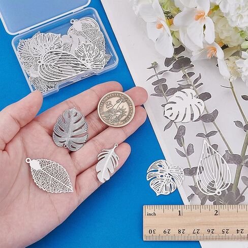 PH PandaHall 32pcs 8 Style Tree Leaf Charms, Brass Monstera Leaf Pendants Filligree Etched Maple Leaf Leaf Filigree Charms for Necklace Bracelets Earring Keychain Bag Dcoration, 0.9~1.7" m in Saudi Arabia
