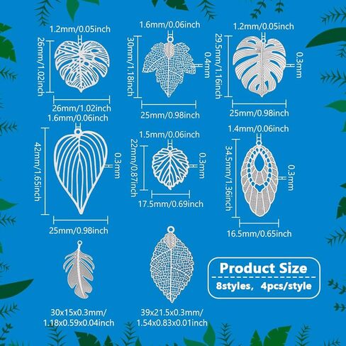 PH PandaHall 32pcs 8 Style Tree Leaf Charms, Brass Monstera Leaf Pendants Filligree Etched Maple Leaf Leaf Filigree Charms for Necklace Bracelets Earring Keychain Bag Dcoration, 0.9~1.7" m in Saudi Arabia