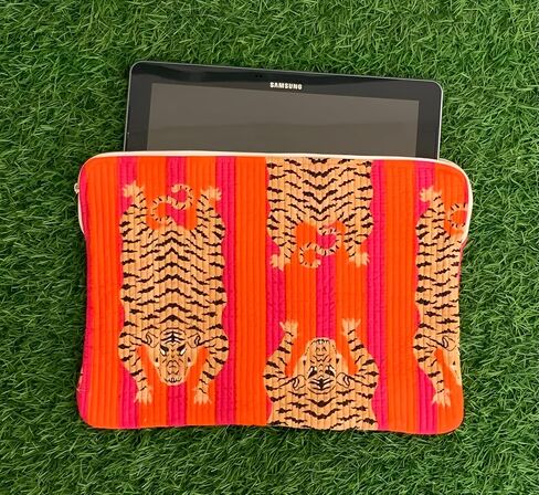 INDACORIFY Tiger Print Laptop Bag 100% Pure Cotton Waterproof Protector Handle Bag for Outdoor, Indian Quilted Handmade Bag in Kuwait