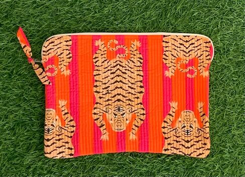 INDACORIFY Tiger Print Laptop Bag 100% Pure Cotton Waterproof Protector Handle Bag for Outdoor, Indian Quilted Handmade Bag in Kuwait