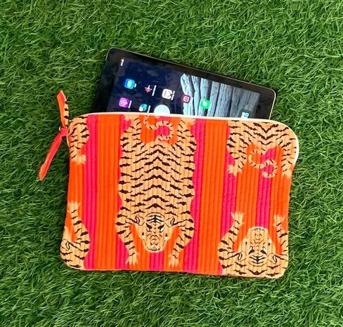 INDACORIFY Tiger Print Laptop Bag 100% Pure Cotton Waterproof Protector Handle Bag for Outdoor, Indian Quilted Handmade Bag in Kuwait