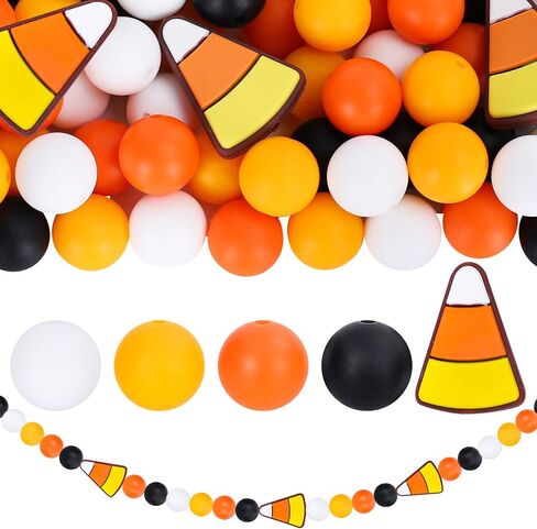 Whaline 105pcs هالوين سيليكون حبات الحلوى شكل ذرة شكل سيليكون فضفاضة 4 ألوان جولة الخرز خريف هالوين حبات الفواصل للعطلات DIY الحرف اليدوية قلادة قلادة الأساور in Saudi Arabia