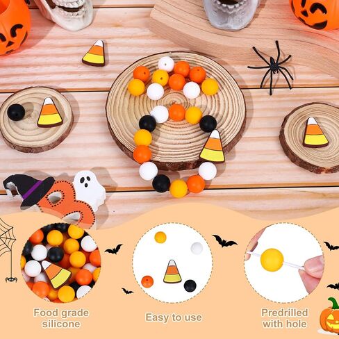 Whaline 105pcs هالوين سيليكون حبات الحلوى شكل ذرة شكل سيليكون فضفاضة 4 ألوان جولة الخرز خريف هالوين حبات الفواصل للعطلات DIY الحرف اليدوية قلادة قلادة الأساور in Saudi Arabia