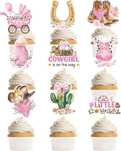 36 PCS Cowgirl Dust Shower Decorations Cupcake Toppers ، Pink Western A Little Cowgirl في الطريق ، تختار كب كيك ، لوازم حفلة Cow Little Cow Little (9 تصاميم) in Saudi Arabia