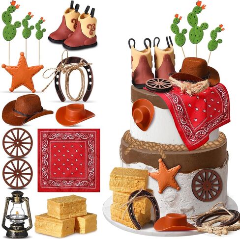 Cowboy Birthday Party Decorations Cowboy Cake Toppers Hat and Boot Western Cake Decoration Toppers Horseshoe Wheel Scarf Cupcake Picks for Western Theme Baby Shower Party Favor Supplies in Saudi Arabia