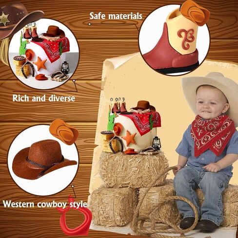 Cowboy Birthday Party Decorations Cowboy Cake Toppers Hat and Boot Western Cake Decoration Toppers Horseshoe Wheel Scarf Cupcake Picks for Western Theme Baby Shower Party Favor Supplies in Saudi Arabia