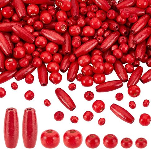 Ph Pandahall 480pcs حبات خشبية خشبية حمراء جولة برميل الخشب حبات كبيرة ثقب خشبي الطبيعية حبة أنبوب طويلة للأساور للفنون Macrame Crafts المجوهر in Saudi Arabia