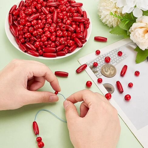 Ph Pandahall 480pcs حبات خشبية خشبية حمراء جولة برميل الخشب حبات كبيرة ثقب خشبي الطبيعية حبة أنبوب طويلة للأساور للفنون Macrame Crafts المجوهر in Saudi Arabia