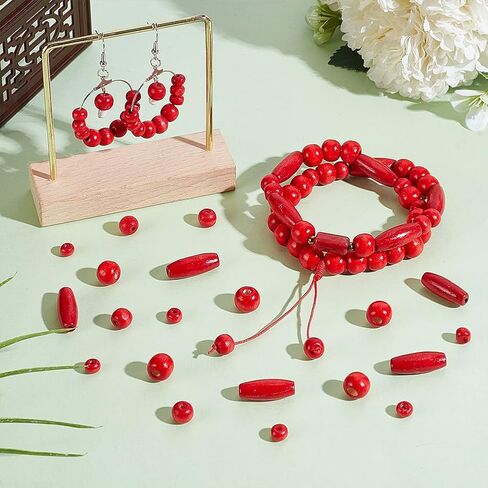 Ph Pandahall 480pcs حبات خشبية خشبية حمراء جولة برميل الخشب حبات كبيرة ثقب خشبي الطبيعية حبة أنبوب طويلة للأساور للفنون Macrame Crafts المجوهر in Saudi Arabia