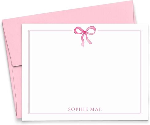 Notecards Pink Bow Notecards مع الأظرف ، ثابتة مخصصة مع أقواس ، بطاقات ألوان مائية الفتيات مع الاسم ، قرطاسية الشريط الوردي اللطيف مع الحدود ، اختيارك للألوان والكمية in Saudi Arabia