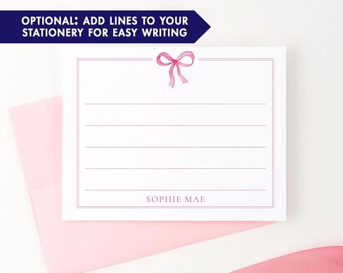Notecards Pink Bow Notecards مع الأظرف ، ثابتة مخصصة مع أقواس ، بطاقات ألوان مائية الفتيات مع الاسم ، قرطاسية الشريط الوردي اللطيف مع الحدود ، اختيارك للألوان والكمية in Saudi Arabia