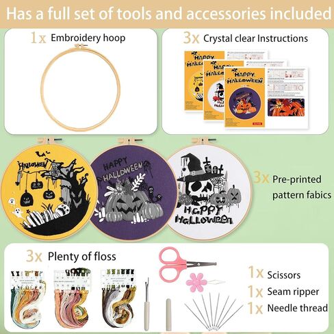 Ohcol 3 Sets Embroidery Kit,Needlepoint Kits for Adults,Needle Point Cross Stitch Kits for Beginners with Washable Pre-Printed Floral Pattern,3 Hoops,Women DIY Hand Crafts in Saudi Arabia