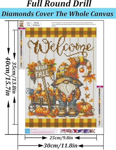 Hello Fall Gnome Pumpkin Diamond Art Kits للبالغين ، مجموعات الطلاء من الماس 5D للمبتدئين البالغين ، DIY كامل الحفر الماس DIAMOND DOT PANES GEM MET CITS للبالغين ، ديكور الجدار المنزلي 11.8x15.7 بوصة in Kuwait