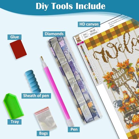 Hello Fall Gnome Pumpkin Diamond Art Kits للبالغين ، مجموعات الطلاء من الماس 5D للمبتدئين البالغين ، DIY كامل الحفر الماس DIAMOND DOT PANES GEM MET CITS للبالغين ، ديكور الجدار المنزلي 11.8x15.7 بوصة in Kuwait