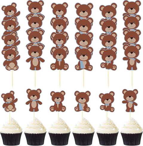 Chinco 48 Pieces Bear Cupcake Cake Toppers Blue Bear Themed Baby Shower Decorations Supplies for Boy Baby Shower Birthday Party Decorations Supplies in Saudi Arabia