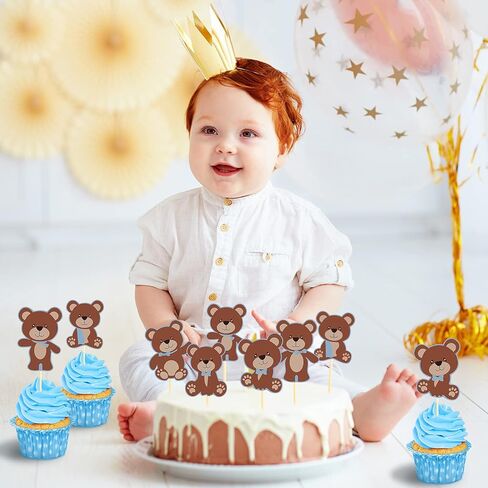 Chinco 48 Pieces Bear Cupcake Cake Toppers Blue Bear Themed Baby Shower Decorations Supplies for Boy Baby Shower Birthday Party Decorations Supplies in Saudi Arabia