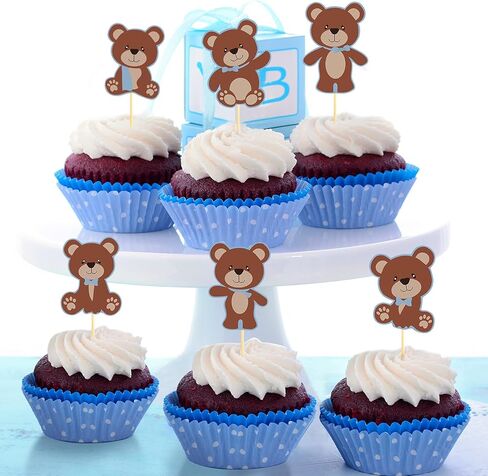 Chinco 48 Pieces Bear Cupcake Cake Toppers Blue Bear Themed Baby Shower Decorations Supplies for Boy Baby Shower Birthday Party Decorations Supplies in Saudi Arabia