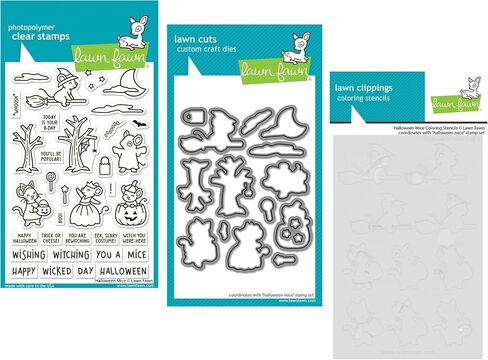 Lawn Fawn Halloween Mice, 4"x6" Clear Stamp Set, Coordinating Dies, Coloring Stencil (Bundle of 3 Items) in Saudi Arabia