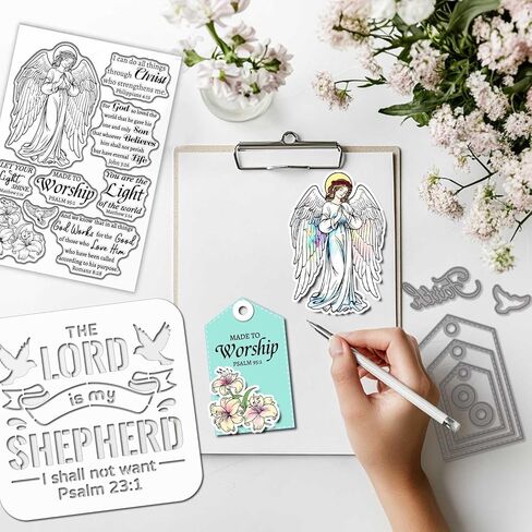 Globleland Angel Angel Bible Text Clear Silicone Stamp Metal Lily Labeling Label Cuts Die Die Dove of Peace Pareing Paint Craft Stencils for Cards Making Scrapbooking Craft Diy in Kuwait