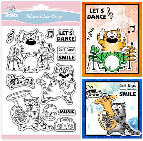 GLOBLELAND Music Comic Cat Clear Stamp for Scrapbooking Cartoon Cat Silicone Stamps Notes Drums Guitar Transparent Stamp for Card Making DIY Embossing Journaling in Saudi Arabia