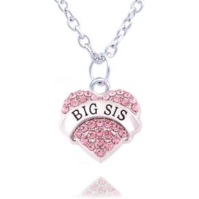 lauhonmin Family Jewelry Silver Alloy Pink Crystal Love Heart Big Sister Charm Pendant Necklace Women Girl Gift
