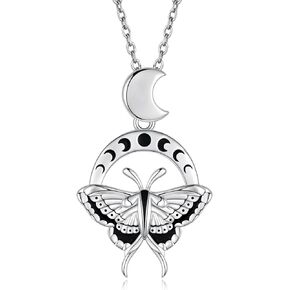 Sterling Silver Luna Moth Necklace: Crescent Moon Phase Gothic Pendant Necklaces Jewelry Gifts for Women Girls