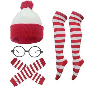 Red and White Striped Men Women Halloween Costumes with Red White Striped Stocking Gloves Knitted Hat and Black Round Frame Glasses for Adult Party Supplies Halloween Cosplay Costumes Accessories