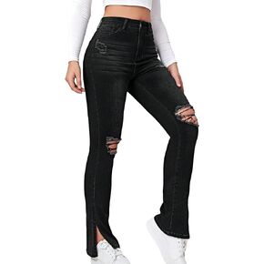 Floerns Women's Flare Leg Ripped Frayed Split Hem High Waist Denim Jeans