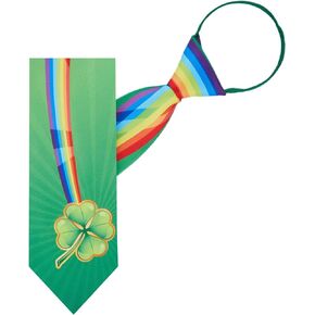 Jacob Alexander Men's Happy Saint Patrick's Day Colorful Rainbow with Four-Leaf Clover Pre-Tied Zipper Neck Tie - Green